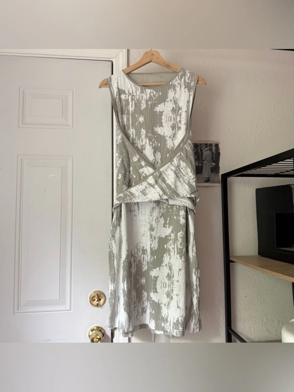 UZI NYC grey white paint splatter printed tie waist midi tee t-shirt dress